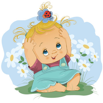 little girl sitting in a turquoise dress among white daisies and she has on her head an insect which she is trying to get with her small arms, isolated object on a white background,