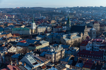 A beautiful aerial view of colorful traditional roofs of houses in Lviv