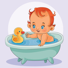 Naklejka premium little baby bathes in a bathtub with a rubber duck, isolated object on a white background,
