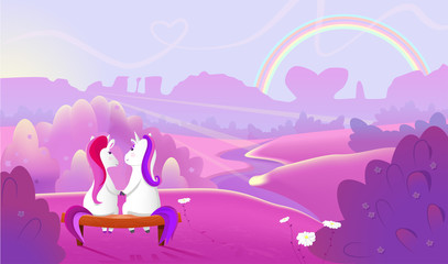 A pair of unicorns in love is sitting on a bench. They contemplate a lovely landscape in purple tones and enjoy the predawn moment. The sun lit up the river, fields and almost came out. Vector fairy