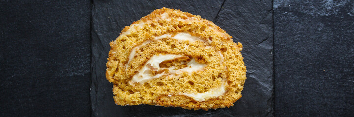 biscuit roll cream and jam (sweet dessert sponge cake) menu concept. background. top view. copy space