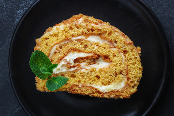 biscuit roll cream and jam (sweet dessert sponge cake) menu concept. background. top view. copy space