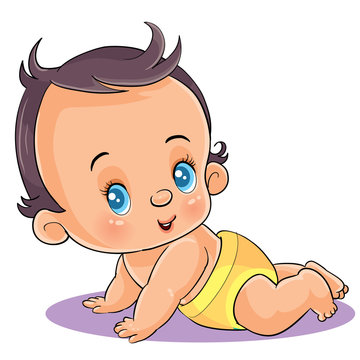 little baby in a yellow diaper and with blue eyes crawls and enjoys life,