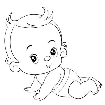 little baby in a diaper crawls and enjoys life, outline drawing, isolated object on a white background,