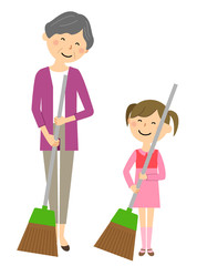 シニア女性と女の子　掃除