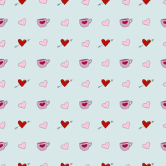 hearts and cups on blue background