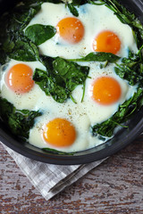 Selective focus. Fried eggs with spinach. Glorious food. Keto diet.