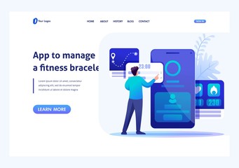 Young Man are working with a fitness bracelet management App. Header concept. Flat 2D character. Landing page concepts and web design