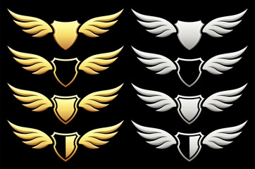 Set of heraldic shield with wings on black background, vector illustration