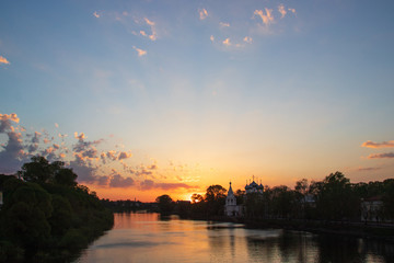 Vologda. Warm spring evening. Vologda river. Sunset scene