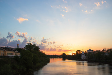 Naklejka premium Vologda. Warm spring evening. Vologda river. Sunset scene