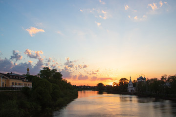 Vologda. Warm spring evening. Vologda river. Sunset scene