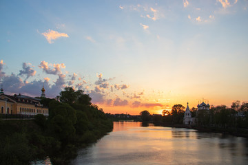 Naklejka premium Vologda. Warm spring evening. Vologda river. Sunset scene