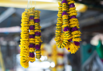 Penang, Malaysia - January 21, 2020 : Colourful flowers and garlands for sale at the little India street, butterworth, Penang.