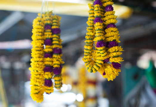 Penang, Malaysia - January 21, 2020 : Colourful flowers and garlands for sale at the little India street, butterworth, Penang.