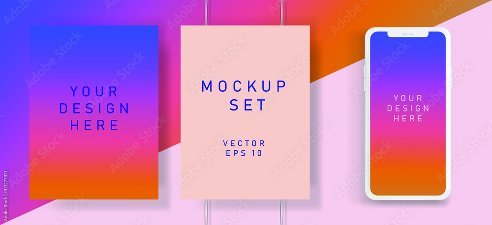 Aufkleber flat lay of blank posters in pastel color tones with drop shadows. realistic mock up template for pr