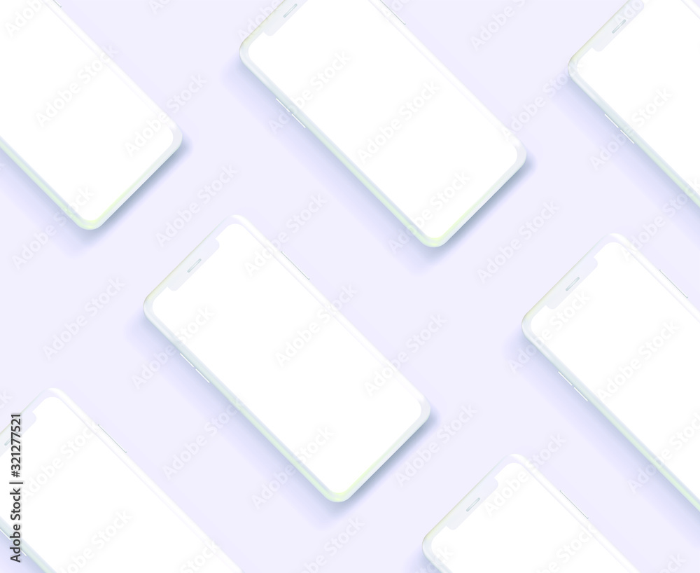 Poster Minimalist white flat lay scene with regular modern mobile phone. Realistic 3D vector illustration, mockup template for web app presentation. 