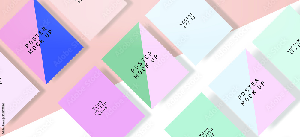 Poster Flat lay of blank posters in pastel color tones with drop shadows. Realistic mock up template for print production: covers, flyers, banners.