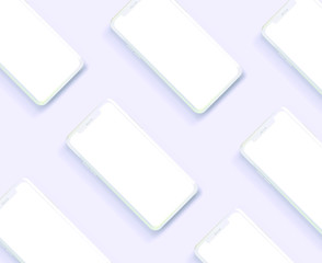 Minimalist white flat lay scene with regular modern mobile phone. Realistic 3D vector illustration, mockup template for web app presentation. 
