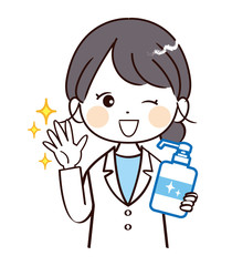 女性、医者、消毒液