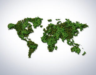 Green World Map- 3D tree or forest shape of world map isolated on white background. World Map Green...