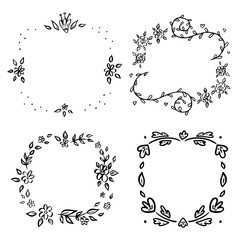 Set of hand drawn floral wreathes for invitations, greeting cards, posters, text.