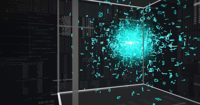 Artificial intelligence in a cube surrounded by lines of code - Fly Inside a computer network - 3D animation