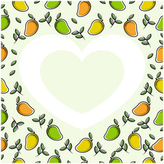 Mango fruit love heart frame, seamless pattern background. Scalable and editable vector.