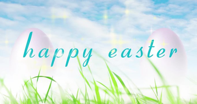 heller, fr&ouml;hlicher animierter text f&uuml;r frohe ostern. Text "fr&ouml;hliche Ostern" bewegt sich auf Ostergras, blauem Himmel und zwei Ostereiern