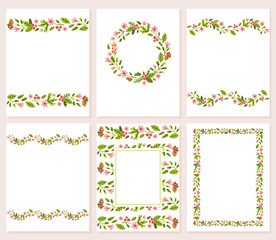 Set of templates with hand drawn floral wreath, borders, frames