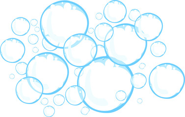 Bright blue soap bubbles on white background