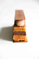 Individual cake with chocolate and nuts. Decorated with whipped chocolate ganache and chocolate stick. Cake is on a golden cardboard base, on a white background. Back view. Modern drench dessert.