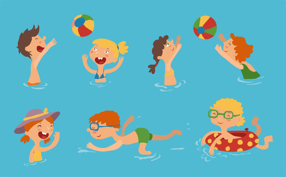 Summer child's outdoor activities. Vector set Happy boys and girls on the sea.