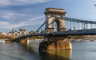 Amazing summer view on Chain Bridge, Budapest. Fantastic Cityscape with perfect sky. Hungarian landmarks. Popular Travel destinations.