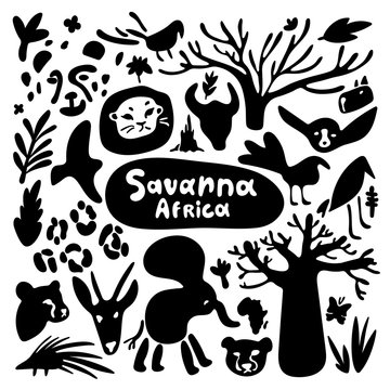 Stylized animals of the savannah in Africa. Black and white icons in minimalistic doodle style. Cartoon animal silhouettes for your design and DIY. Phrase Savanna Africa.