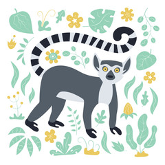 Cute funny ring-tailed lemur and tropical plant. Madagascar exotic Lemur catta. Vector illustration in flat and cartoon style on white background © Elena Pimukova