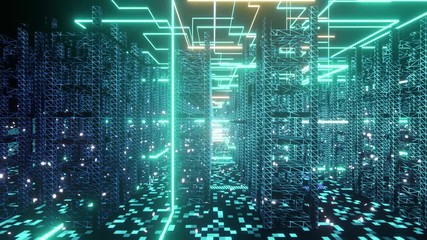 Abstract Binary Code Strings and Transferring of Big Data. Binary code processing are processed by the computer's motherboard. Futuristic server code processing. Digital city of the hi-tech. - Powered by Adobe