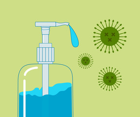 Hand sanitizer and virus icon isolated on green background 