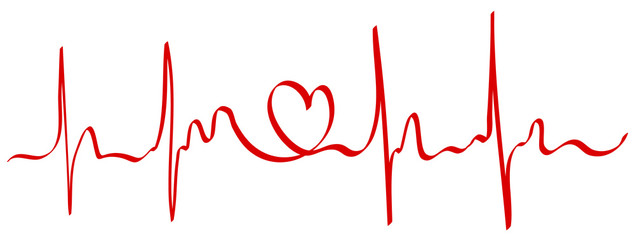 Heart pulse continuous line drawn by hand in red color. Love concept. Heartbeat cardiogram, medical background. Digital painting doodle style in vector EPS 10