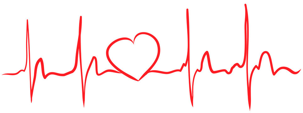Heartbeat continuous line with shape of heart drawn by hand in red color. Medical vector illustration. Heart pulse cardiogram, medical background. Digital painting doodle style in vector EPS 10