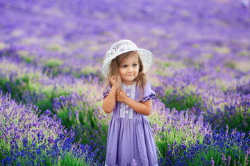 Beautiful long-haired girl in a dress in a field of blooming lavender