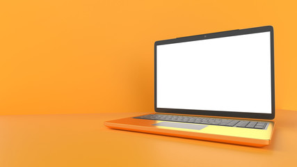 3d render, mockup gold laptop, notebook on yellow background.