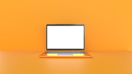 3d render, mockup gold laptop, notebook on yellow background.