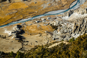 Top view of the abandoned Bhraka (Braga) village and Marshyangdi river. Annapurna circuit trek, Nepal.