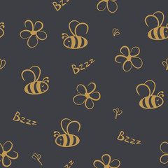 Seamless vector pattern of cute hand-drawn bees and flowers. Creative scandinavian kids texture for wrapping paper, fabric, textile, gender-neutral kid nursery design