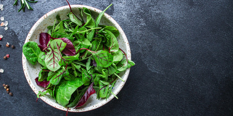 Healthy salad, leaves mix salad (mix micro greens, juicy snack). food background - copy space