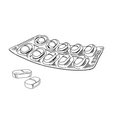 Blister package with pills, capsules, tablets. Hand drawn vector illustration.