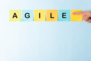 Agile methology, scrum, software development concept. Hand showing the word Agile on paper notes on...