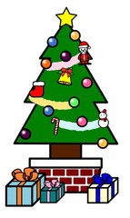 たくさんの飾りがつけられたクリスマスツリーとプレゼント