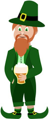 Leprechaun in a green suit and boots drinks beer. St.Patrick 's Day.